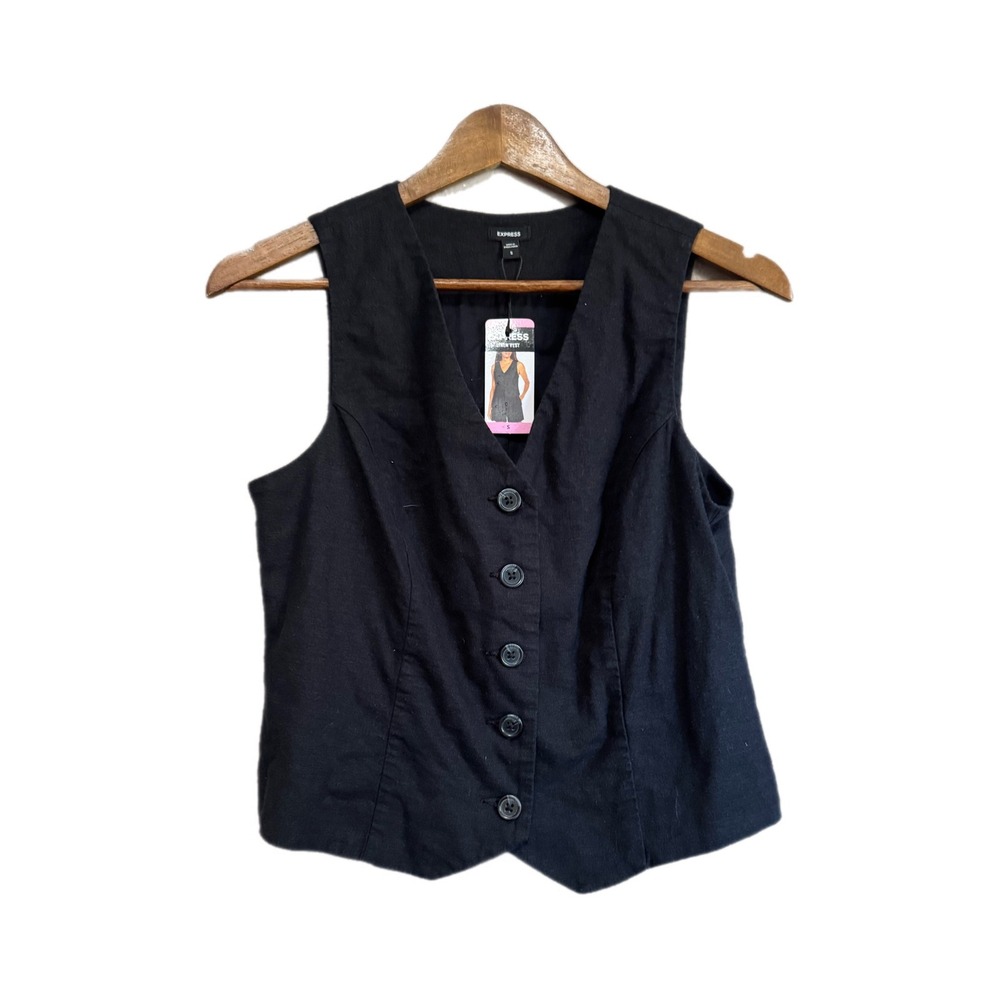 Express Linen Vest Womens S Black NEW V-Neck Button Front Tailored Waistcoat